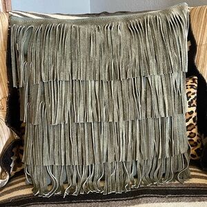 West Elm Suede Leather Tassel Fringe Pillow Cover + Insert Grey 16x16”